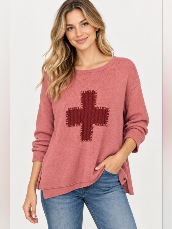 Foil Sweaters - FOIL Pink Merino Wool Cotton Cable Fisherman Knit Sweater M Cross Applique Boho